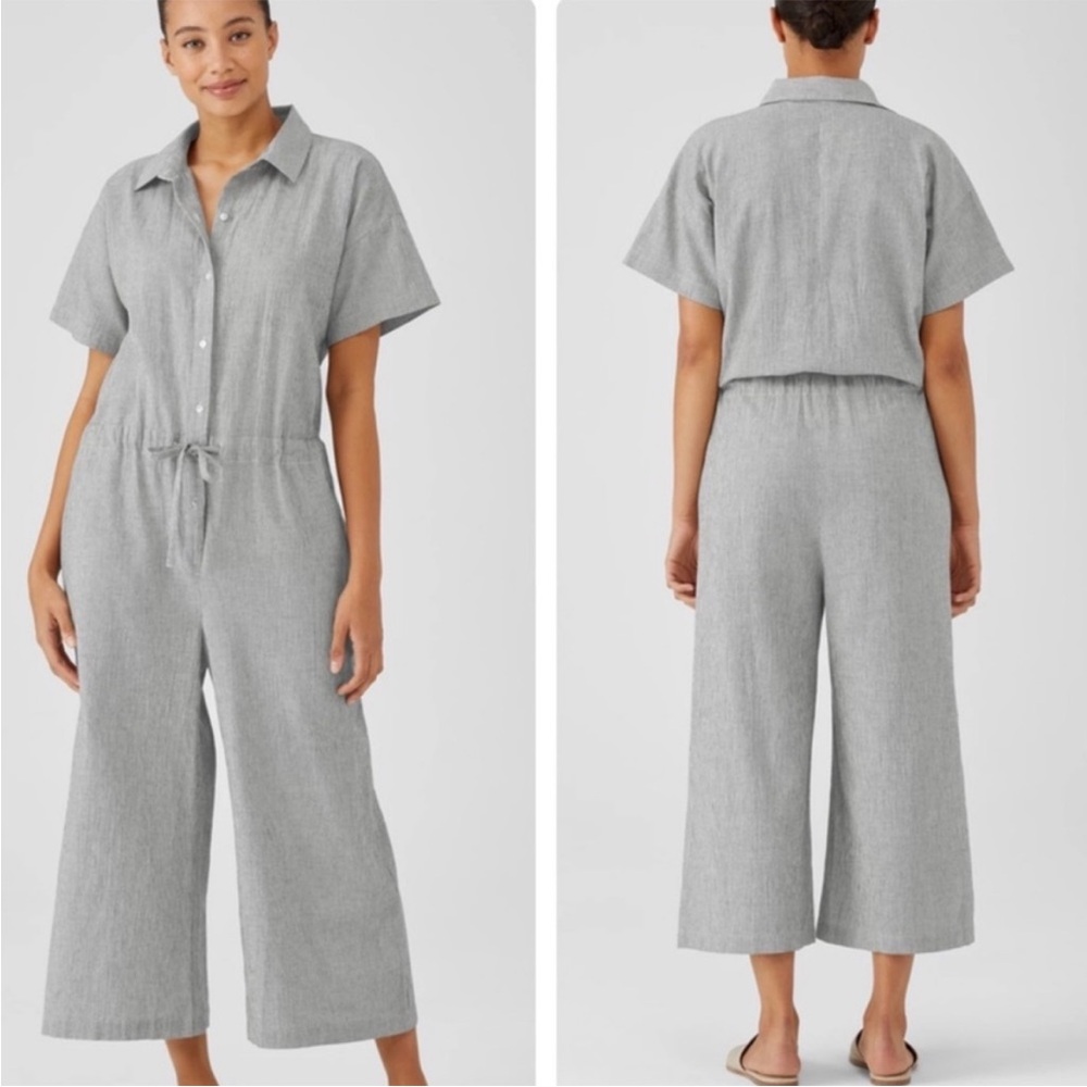 Eileen Fisher Organic Cotton Linen Wide Leg Minimalist  Button Down Jumpsuit XS